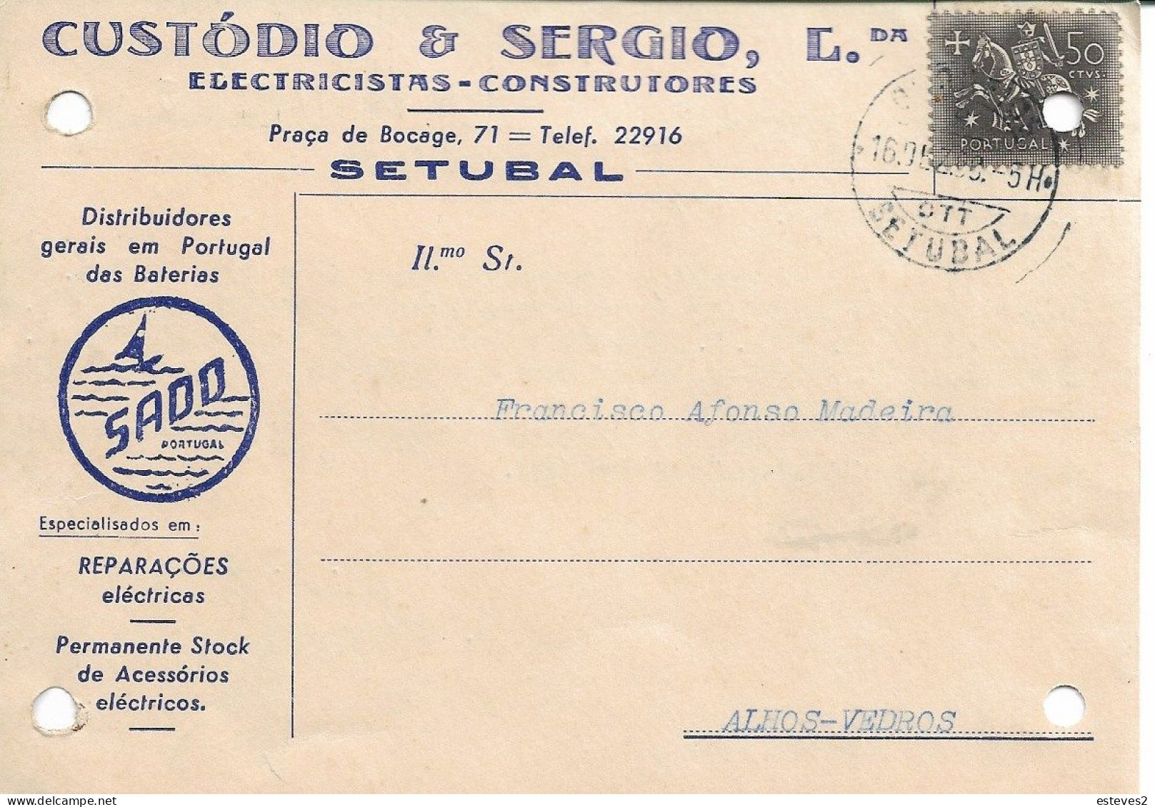 Portugal , 1958 ,  CUSTÓDIO & SÉRGIO, Ldª , SADO  Batteries , Setúbal  Postmark , Commercial Postcard - Portogallo