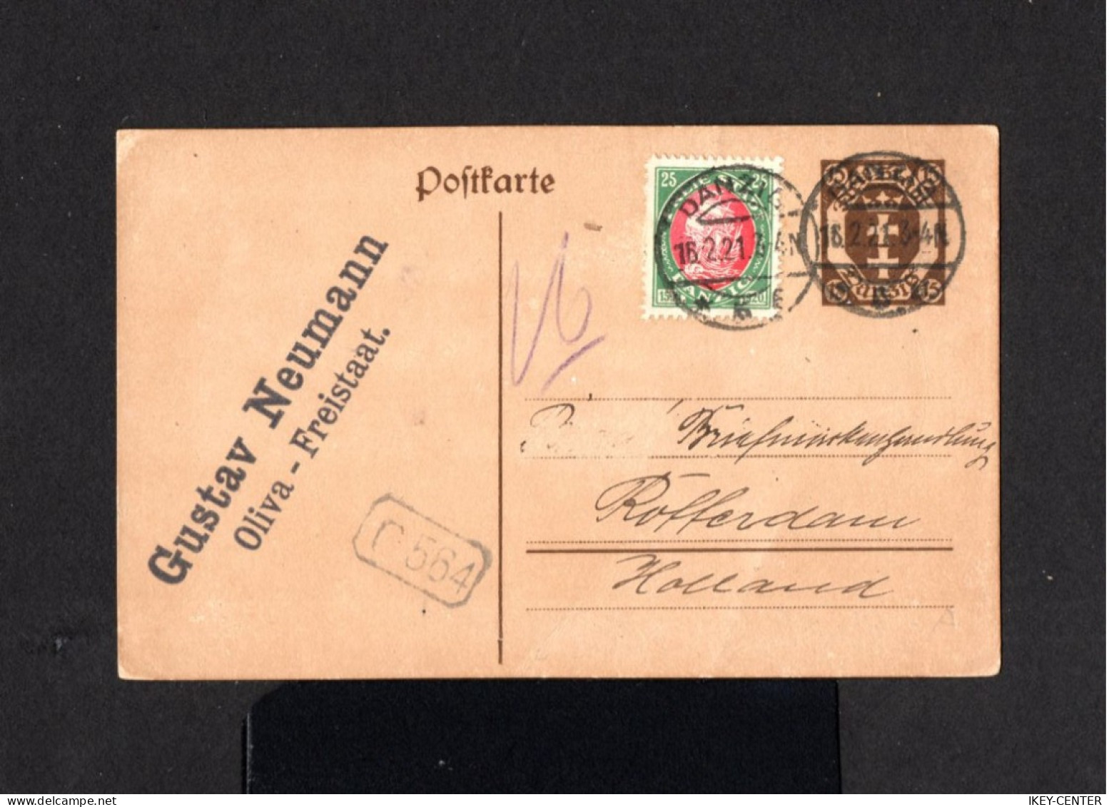 13523-DANZIG FREE STADT-OLD POSTCARD DANZIG To ROTTERDAM (holland).1921.Carte Postale.GERMANY. - Postal  Stationery