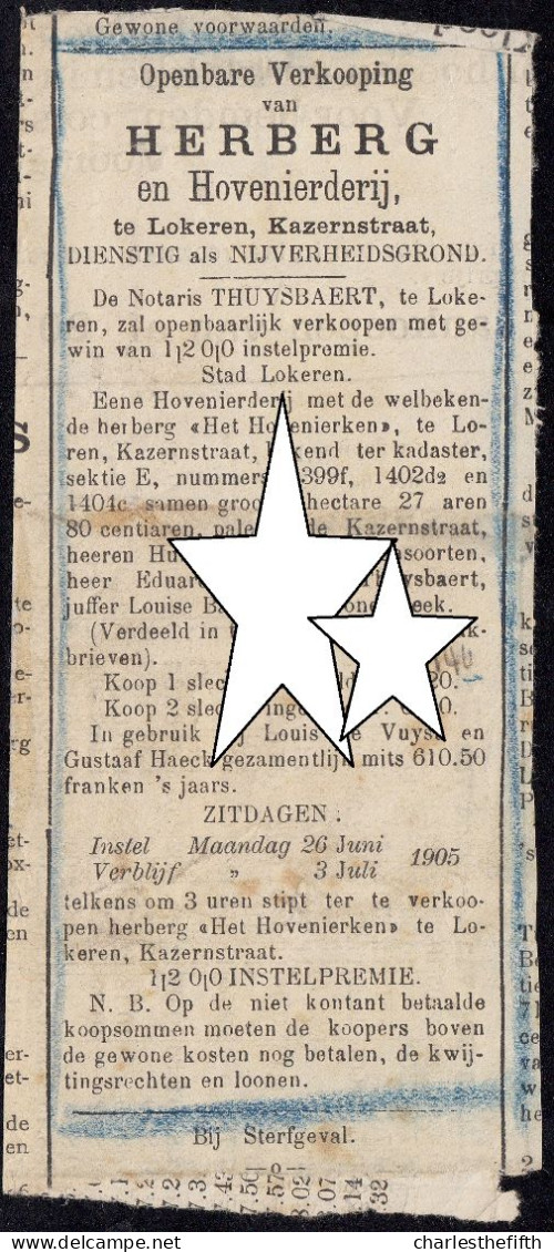 LOKEREN 1905 - KNIPSEL OPENBARE VERKOOP HERBERG " HET HOVENIERKEN " TE LOKEREN - Historical Documents