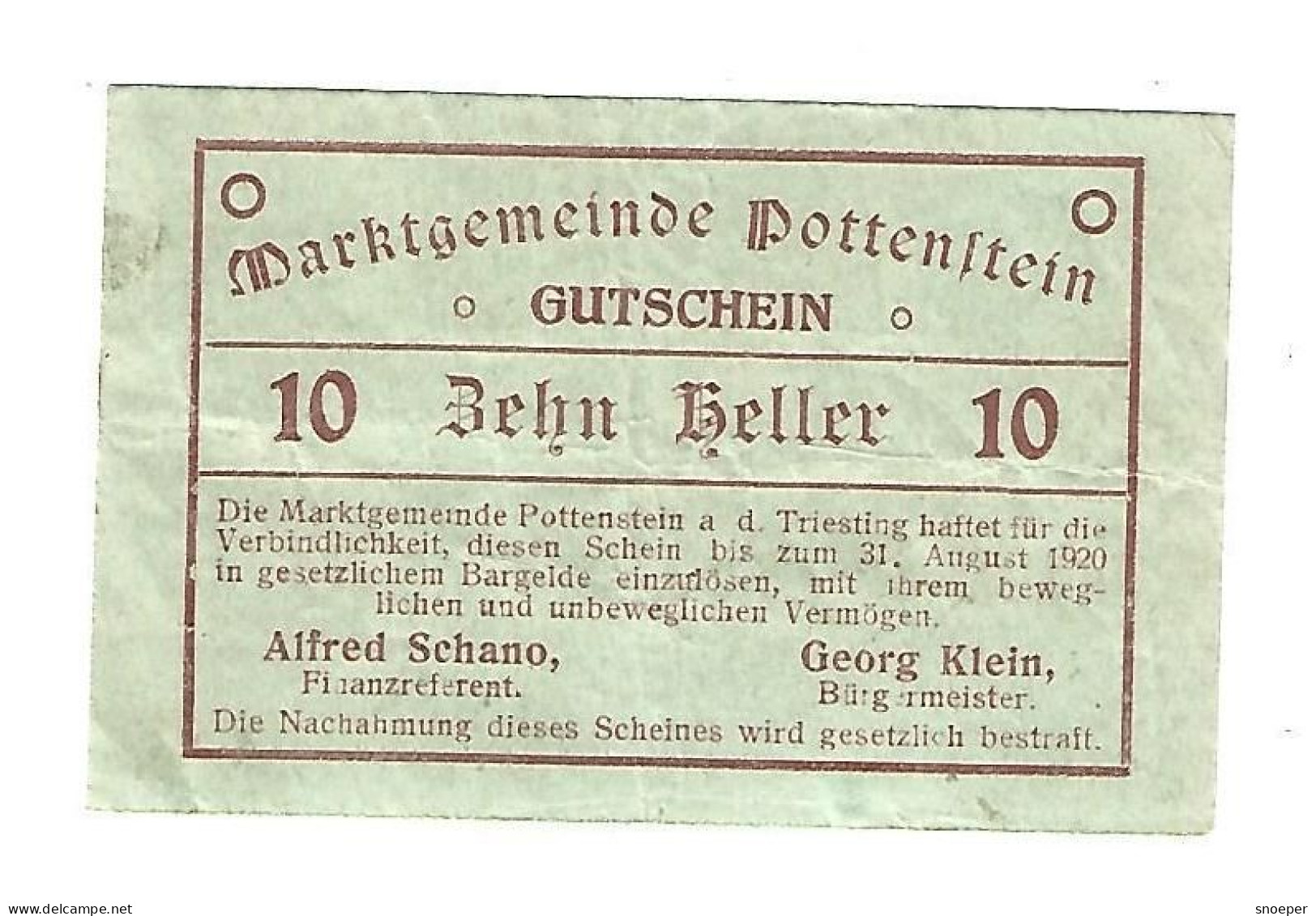 **Austria Notgeld  Pottenstein  10 Heller   773c  Cat Val 2, 00 Euro - Oesterreich