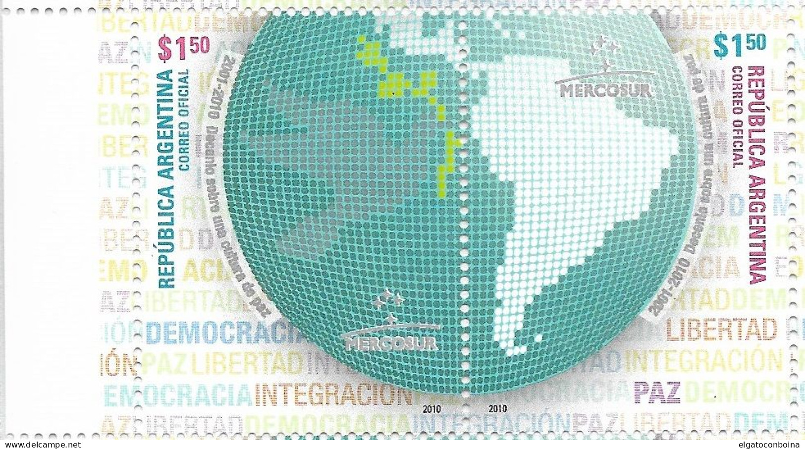 ARGENTINA 2010 MERCOSUR ISSUE PEACE AND CULTURE MAPS CONTINUOUS PAIR MNH - Nuovi