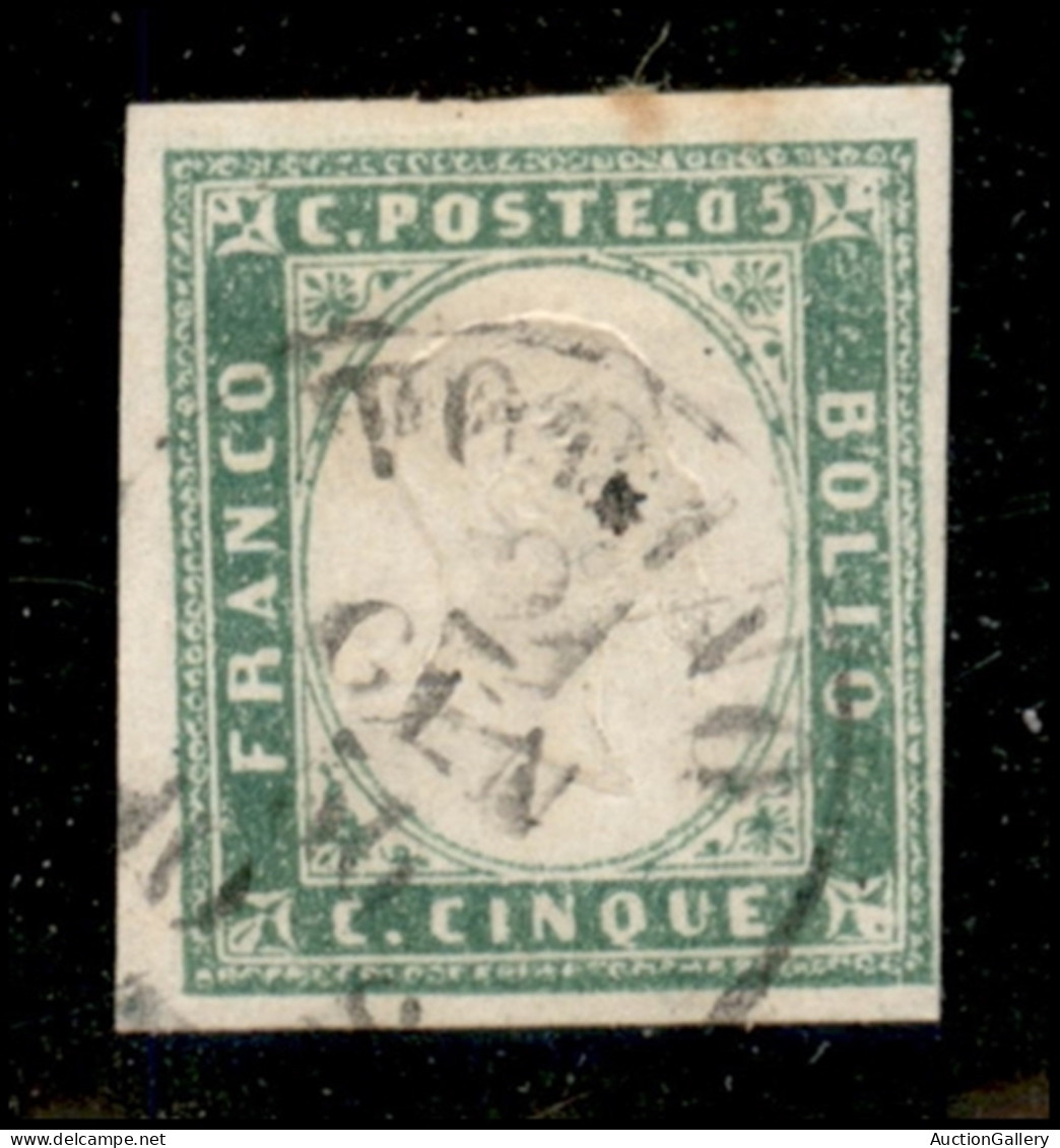 Antichi Stati Italiani - Sardegna - 1855 - 5 Cent Verde Giallo (13c) - Torino 21.1.56 - Cert. Cardillo - Other & Unclassified