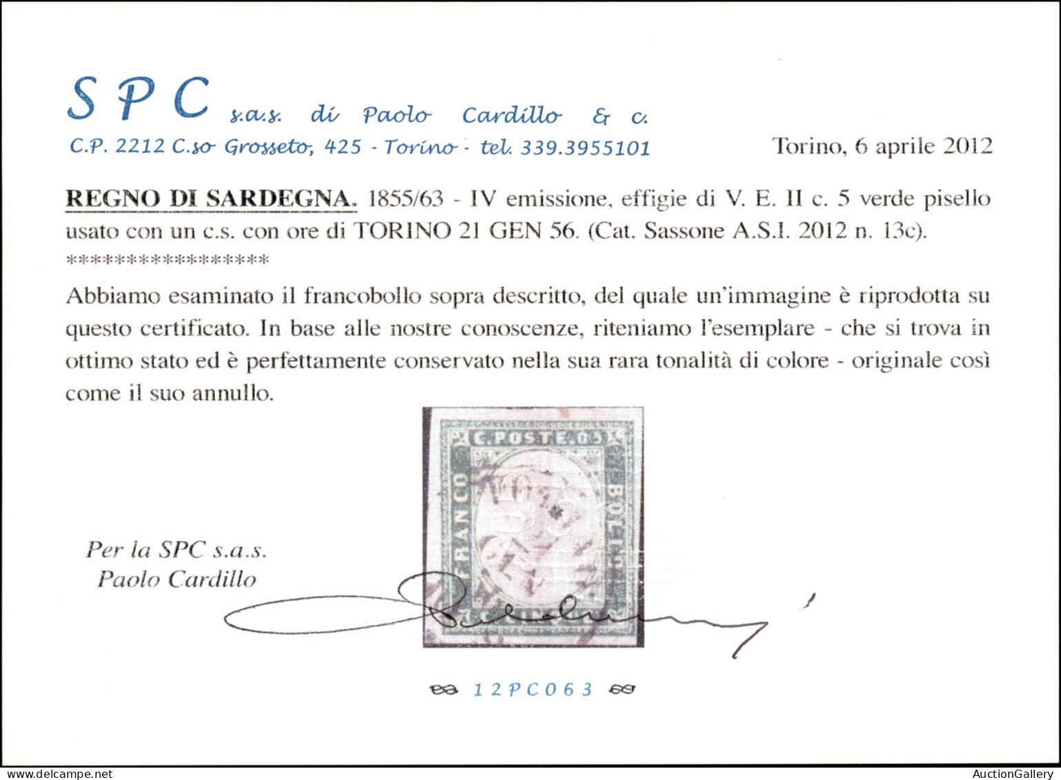 Antichi Stati Italiani - Sardegna - 1855 - 5 Cent Verde Giallo (13c) - Torino 21.1.56 - Cert. Cardillo - Autres & Non Classés