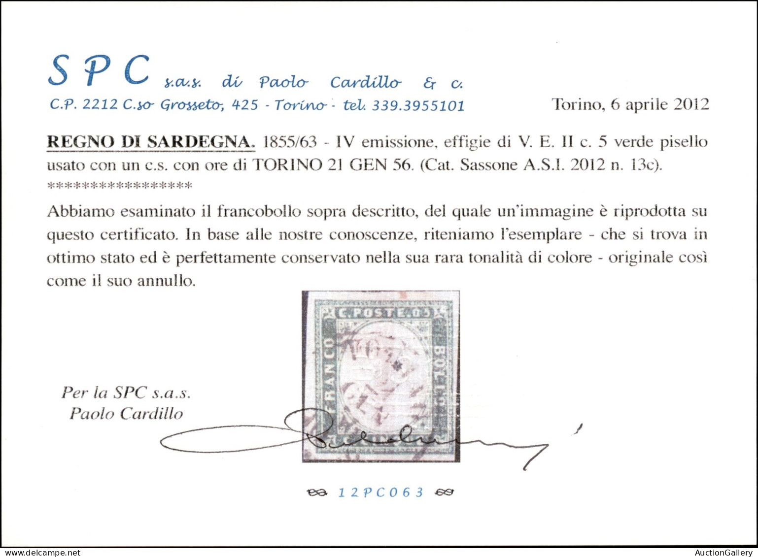 Antichi Stati Italiani - Sardegna - 1855 - 5 Cent Verde Giallo (13c) - Torino 21.1.56 - Cert. Cardillo - Other & Unclassified