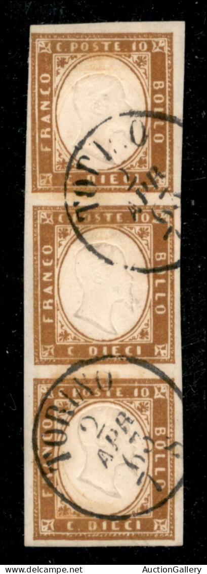 Antichi Stati Italiani - Sardegna - 1862 - 10 Cent (14Dg) - Striscia Verticale Di Tre Usata - Sorani (400) - Other & Unclassified