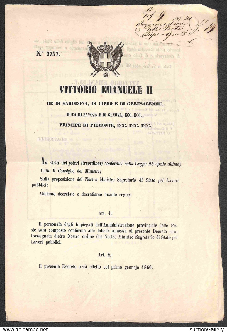 Antichi Stati Italiani - Toscana - 1859 (20 Novembre) - Decreti 3757 + 3758 - Stipendi Del Personale Delle Poste (dal 1° - Andere & Zonder Classificatie