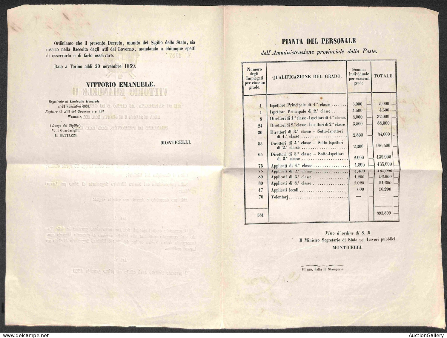 Antichi Stati Italiani - Toscana - 1859 (20 Novembre) - Decreti 3757 + 3758 - Stipendi Del Personale Delle Poste (dal 1° - Sonstige & Ohne Zuordnung