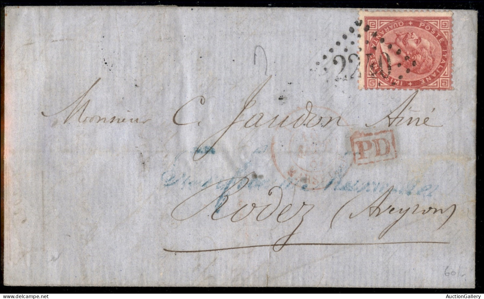 Regno - Vittorio Emanuele II - 2240 (Marsiglia - P.ti R1) Su 40 Cent (20) - Lettera Da Genova A Rodez Del 14.9 67 - Andere & Zonder Classificatie