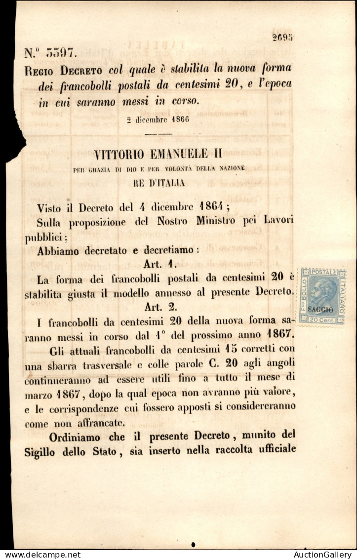 Regno - Vittorio Emanuele II - Regio Decreto Con Apposto Esemplare Del 20 Cent (T26) Con Soprastampa SAGGIO (vedere Nota - Autres & Non Classés