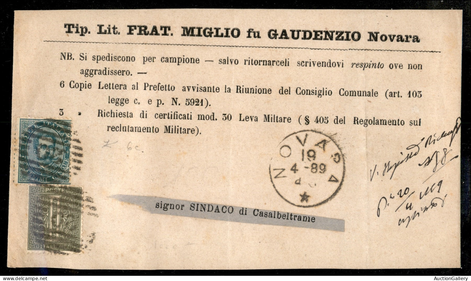 Regno - Umberto I - 1 Cent Vitt. Em. II + 5 Cent Umberto (14 + 37) Su Fascetta Per Stampati Da Novara Per Casalbeltrame  - Sonstige & Ohne Zuordnung