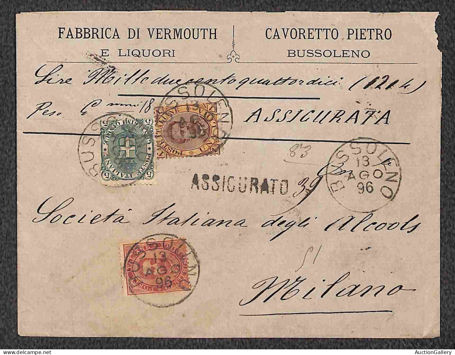 Regno - Umberto I - Assicurata Per 1214 Lire E Peso 18 Gr. Affrancata Con 1 Lira+10 Cent+5 Cent (38+48+59) Da Bussoleno  - Other & Unclassified