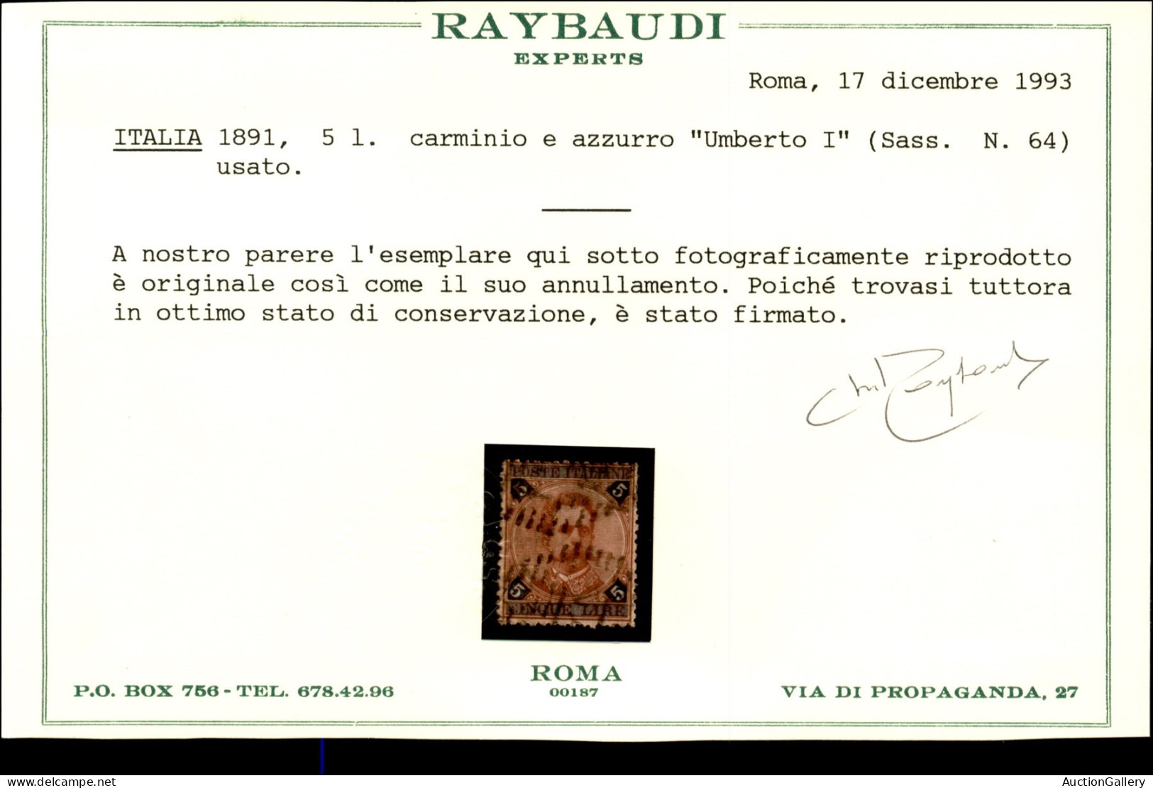 Regno - Umberto I - 1891 - 5 Lire Umberto (64) Usato - Cert. Raybaudi - Other & Unclassified