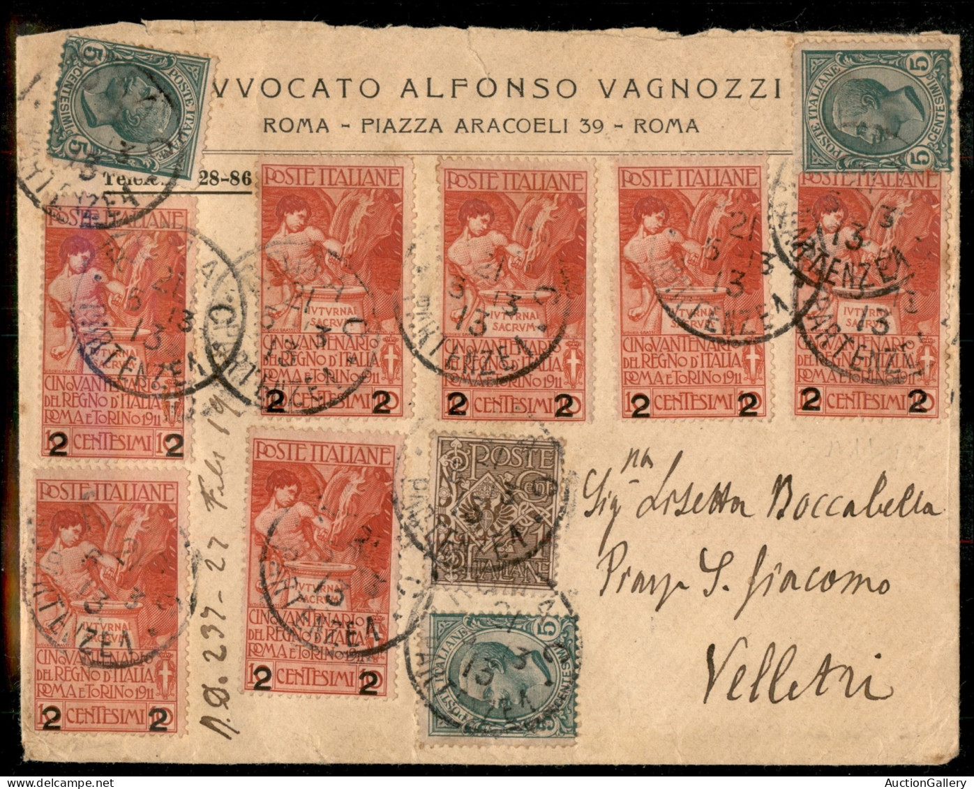 Regno - Vittorio Emanuele III - 1 Cent + Tre 5 Cent + Sette 2 Cent Su 10 (68 + 81 + 100) Su Lettera Per Velletri Da Roma - Sonstige & Ohne Zuordnung