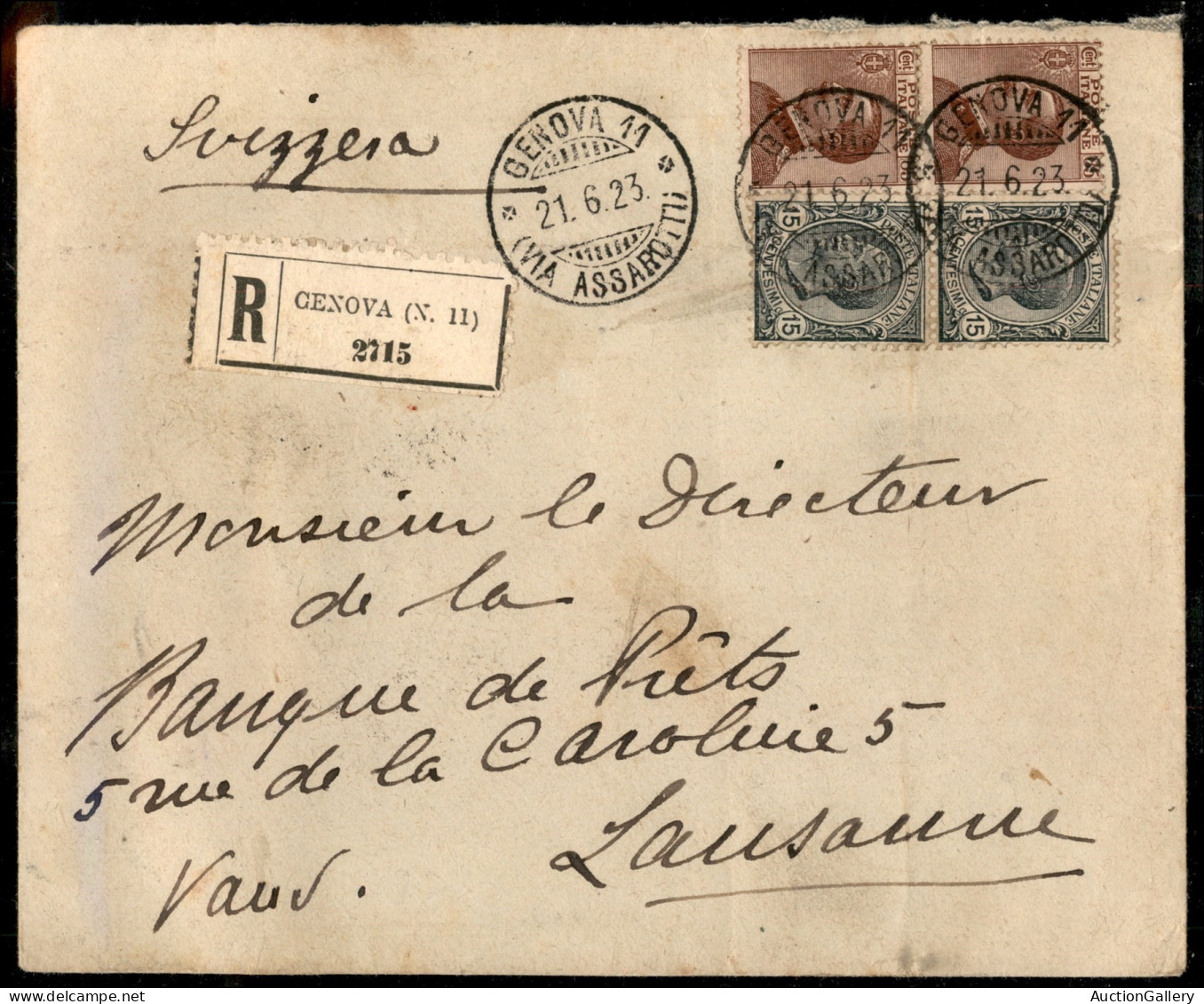 Regno - Vittorio Emanuele III - Coppia Verticale 15 Cent + Coppia Verticale 85 Cent (108 + 112) Su Raccomandata Da Genov - Sonstige & Ohne Zuordnung