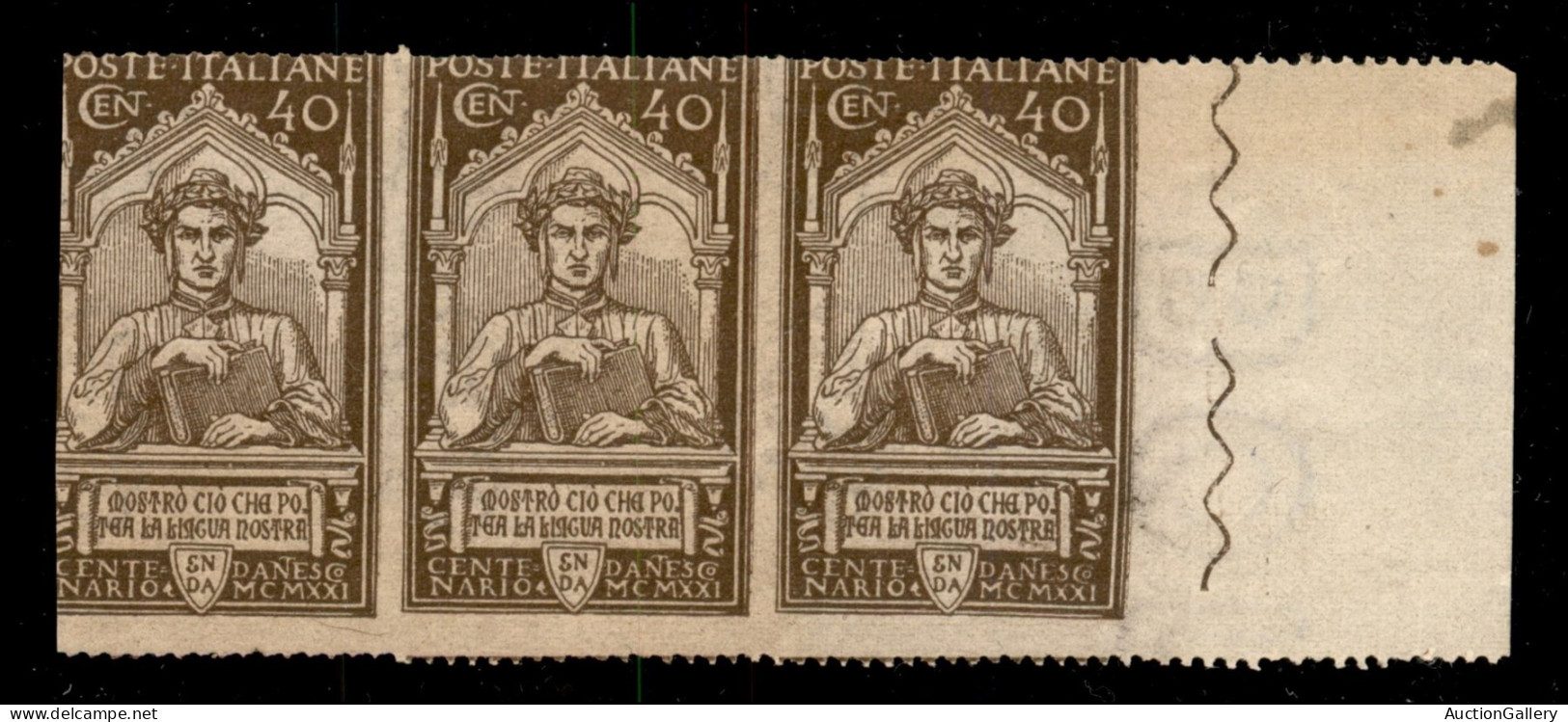 Regno - Vittorio Emanuele III - 1921 - Striscia Di Tre Del 40 Cent (118 Varietà Ub) Non Dentellata Verticalmente E A Sin - Andere & Zonder Classificatie