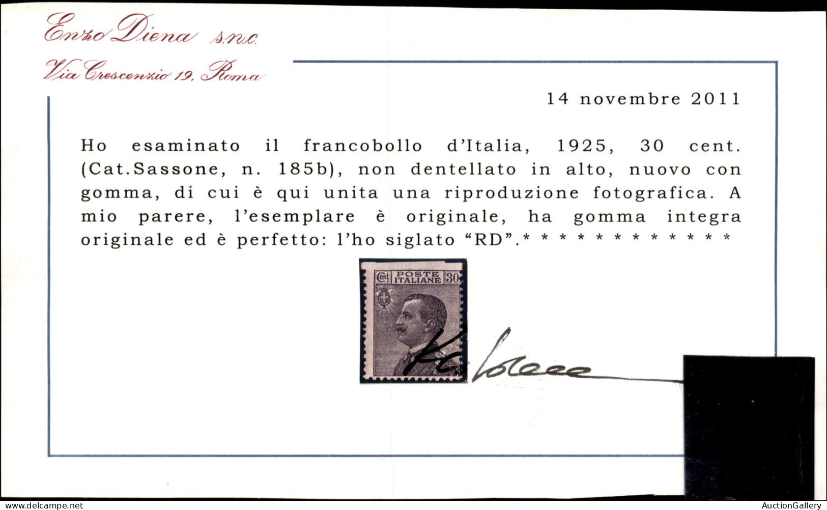 Regno - Vittorio Emanuele III - 1925 - 30 Cent (185b) Non Dentellato In Alto - Gomma Integra - Cert. Diena - Sonstige & Ohne Zuordnung