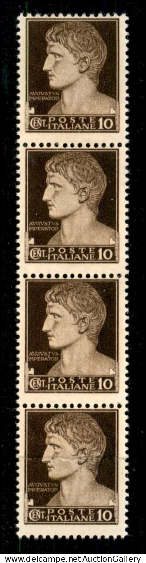 Regno - Vittorio Emanuele III - 1929 - 10 Cent Imperiale (245e) - Striscia Verticale Di Quattro Su Carta Ricongiunta - G - Autres & Non Classés