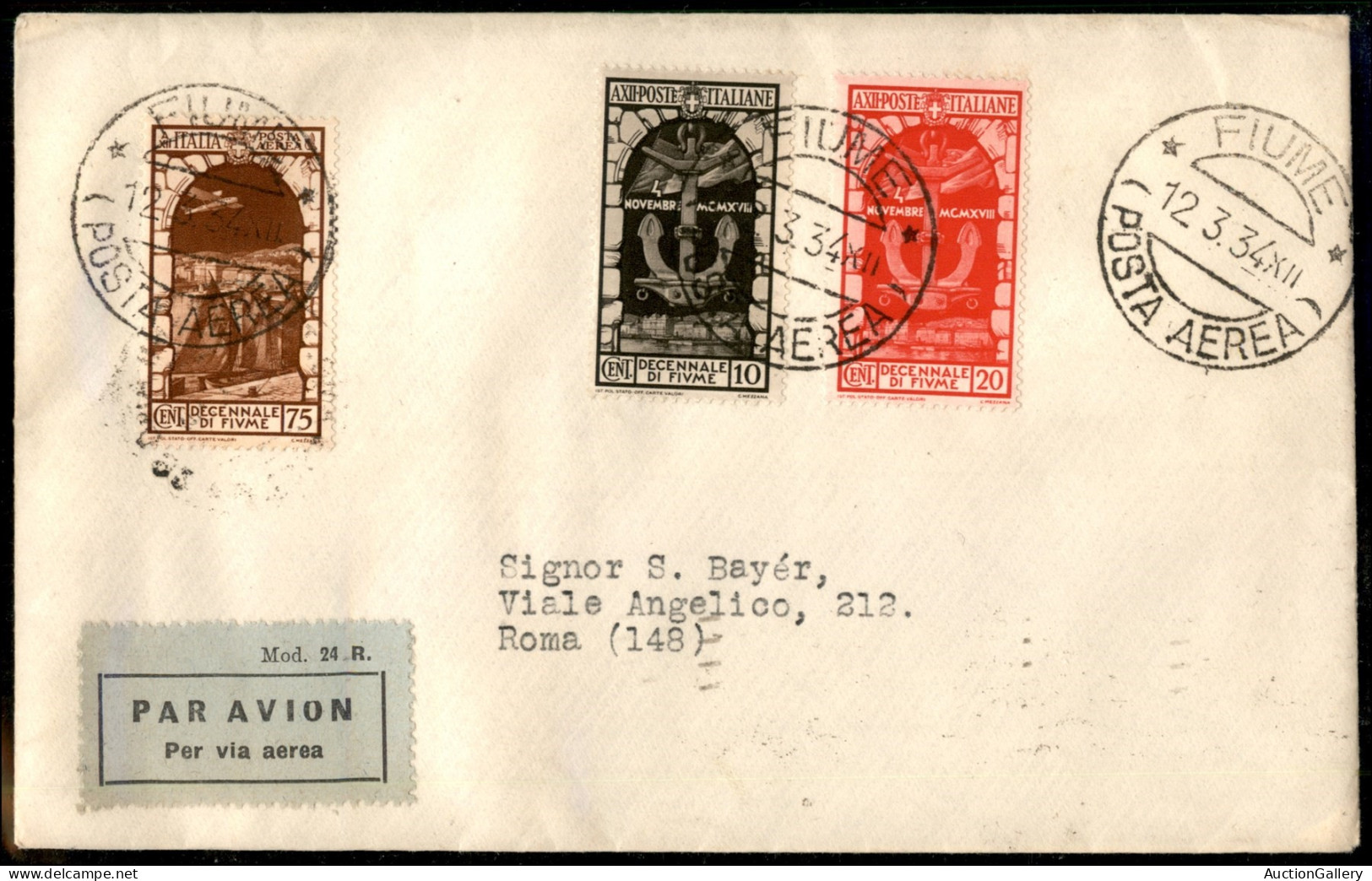 Regno - Vittorio Emanuele III - 12 Marzo 1934 - Fiume - 10 Cent (350) + 20 Cent (351) + 75 Cent (62 - Aerea) - Aerogramm - Other & Unclassified