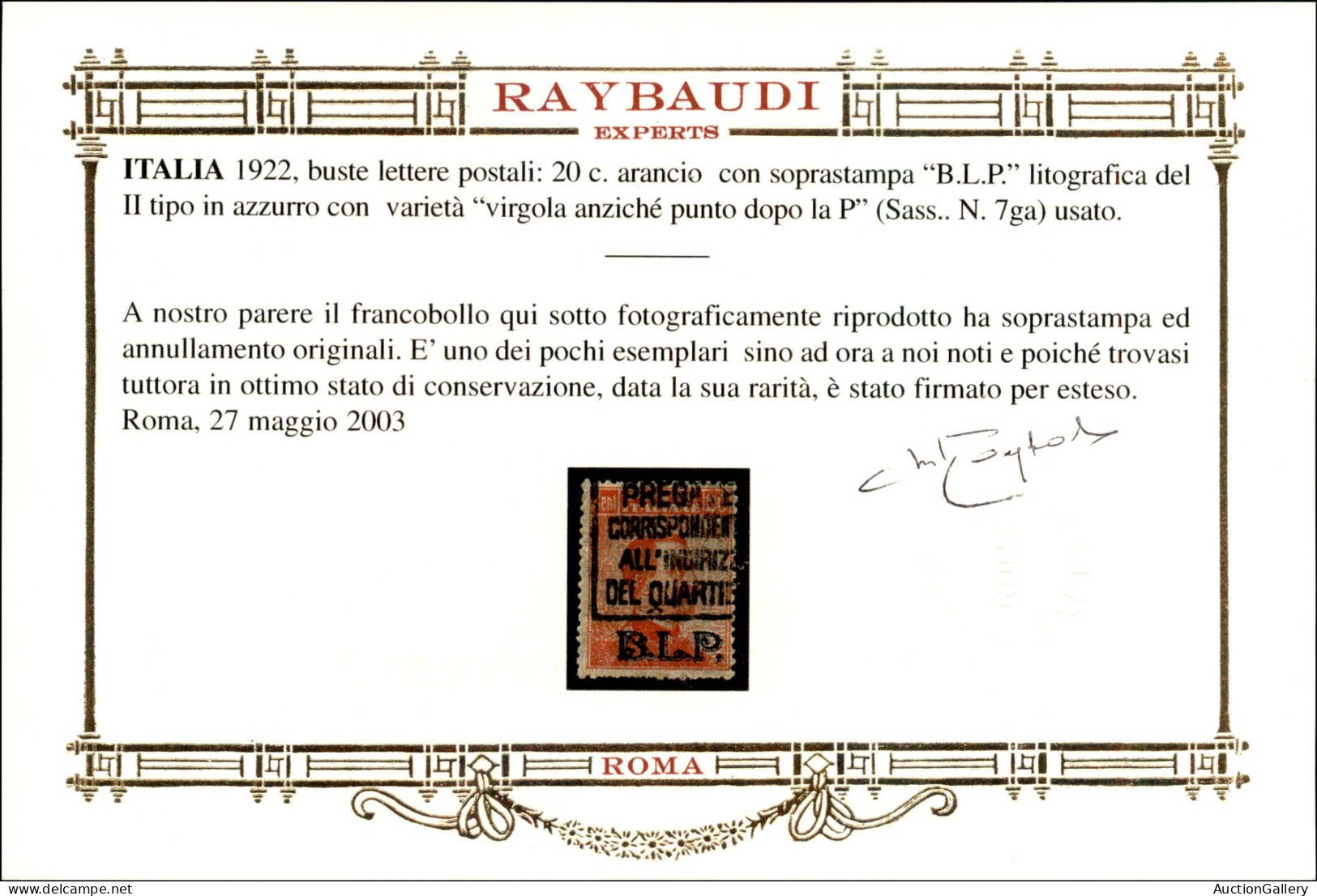 Regno - Servizi - 1922 - 20 Cent (7ga) Con Virgola Dopo P - Usato - Cert Oro Raybaudi (3000) - Otros & Sin Clasificación