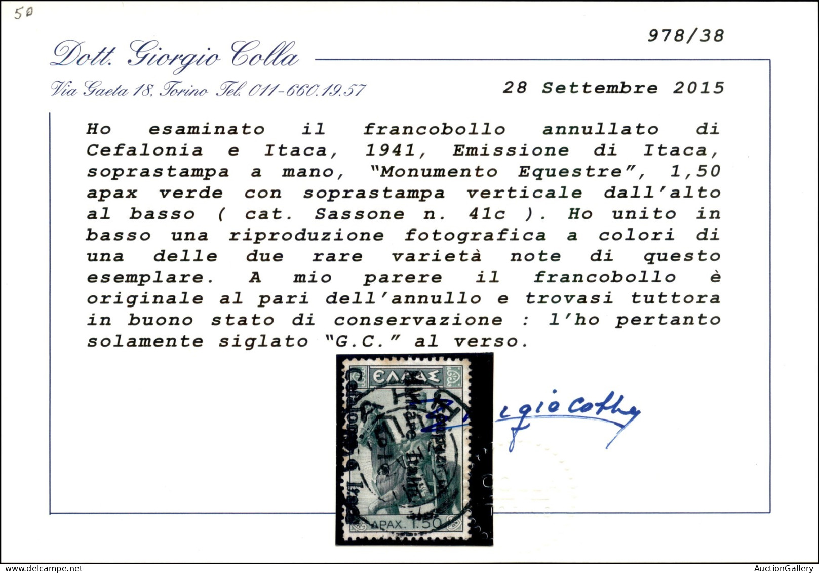 Occupazioni II Guerra Mondiale - Cefalonia E Itaca - Itaca - 1941 - 1,50 Din (41c) Con Soprastampa Capovolta Usato Il 2. - Andere & Zonder Classificatie