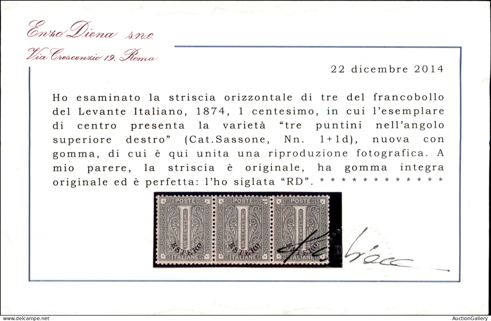 Uffici Postali All'Estero - Levante - 1874 - Striscia Di Tre Del 1 Cent Torino (1+1d+1) Con Pezzo Centrale Con Angolo Su - Sonstige & Ohne Zuordnung