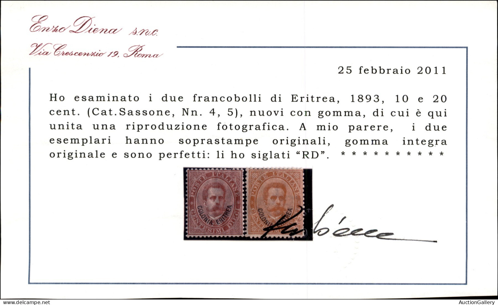 Colonie - Eritrea - 1893 - 20 Cent Umberto (5) Ben Centrato - Gomma Integra - Cert. Diena - Sonstige & Ohne Zuordnung