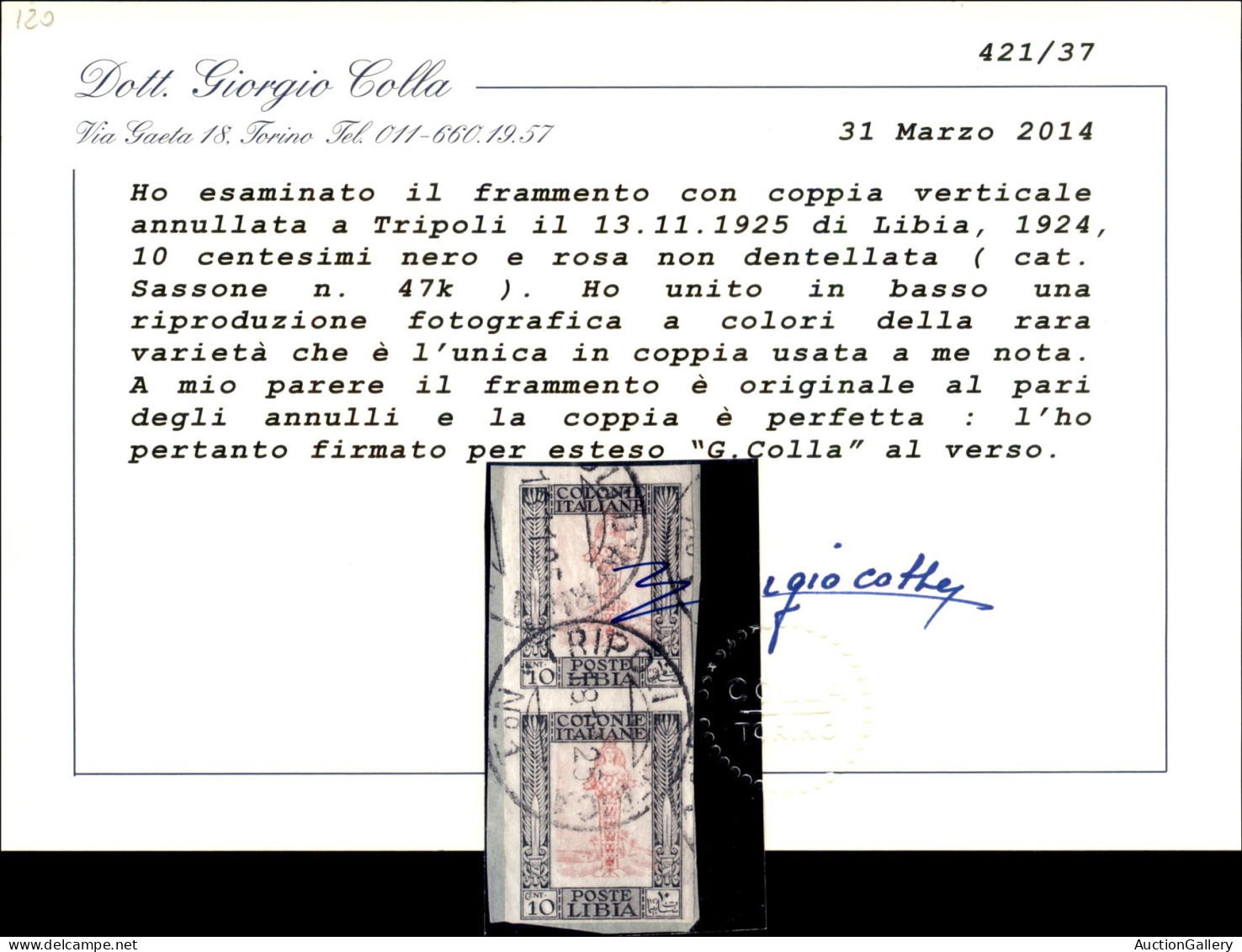 Colonie - Libia - 1924 - 10 Cent Pittorica (47k) - Coppia Verticale Non Dentellata Usata Su Frammento - Insieme Unico -  - Autres & Non Classés