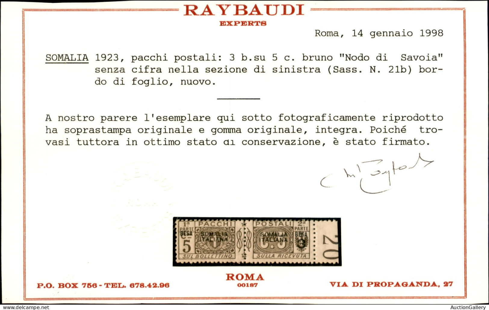 Colonie - Somalia - 1923 - 3 Besa Su 5 Cent (21b) Senza Cifra Sulla Sezione A Sinistra - Bordo Foglio - Gomma Integra -  - Autres & Non Classés