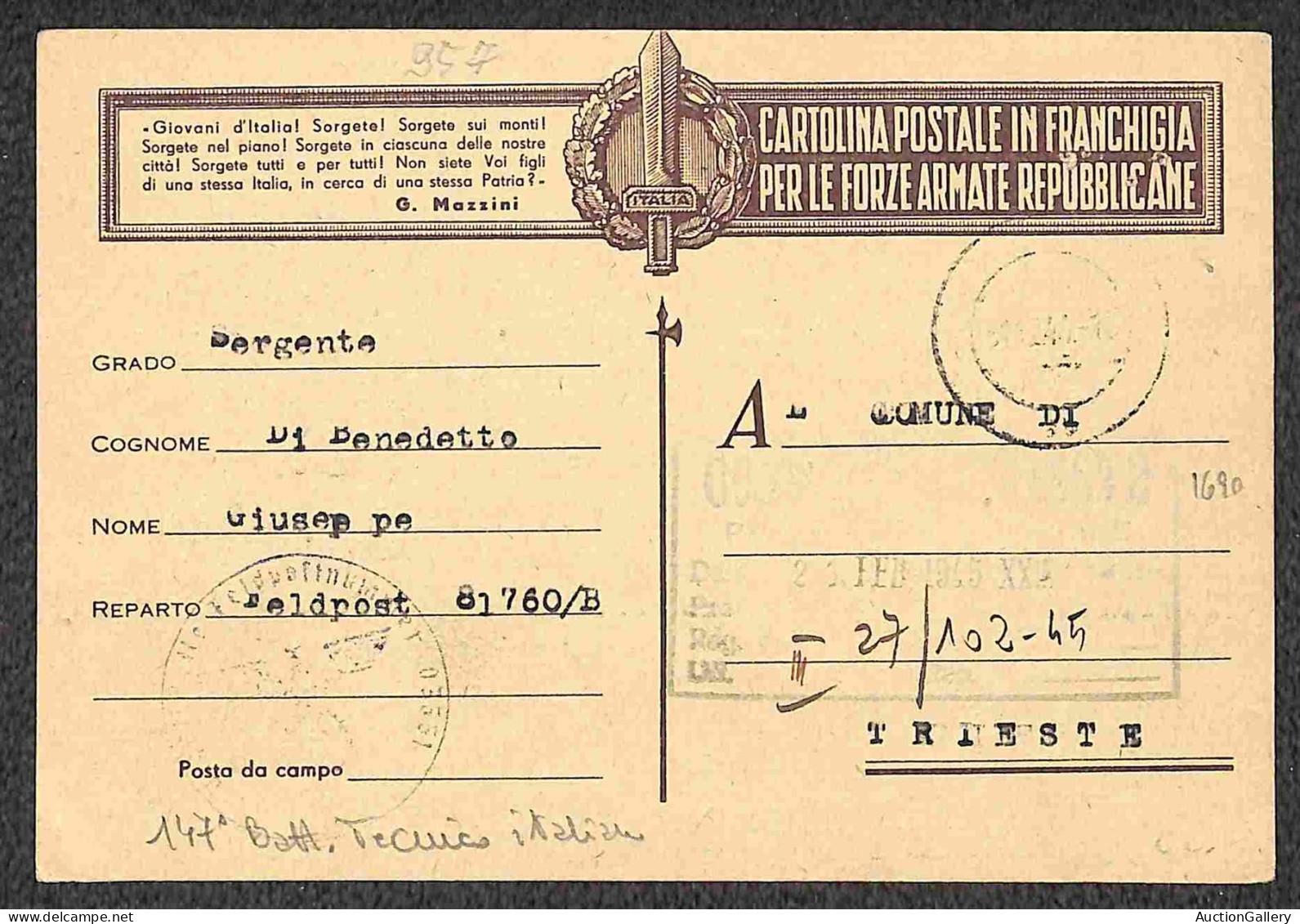 RSI - Cartoline - Insieme di 6 cartoline postali in franchigia da aprile a dicembre del 1944 per località italiane - mol