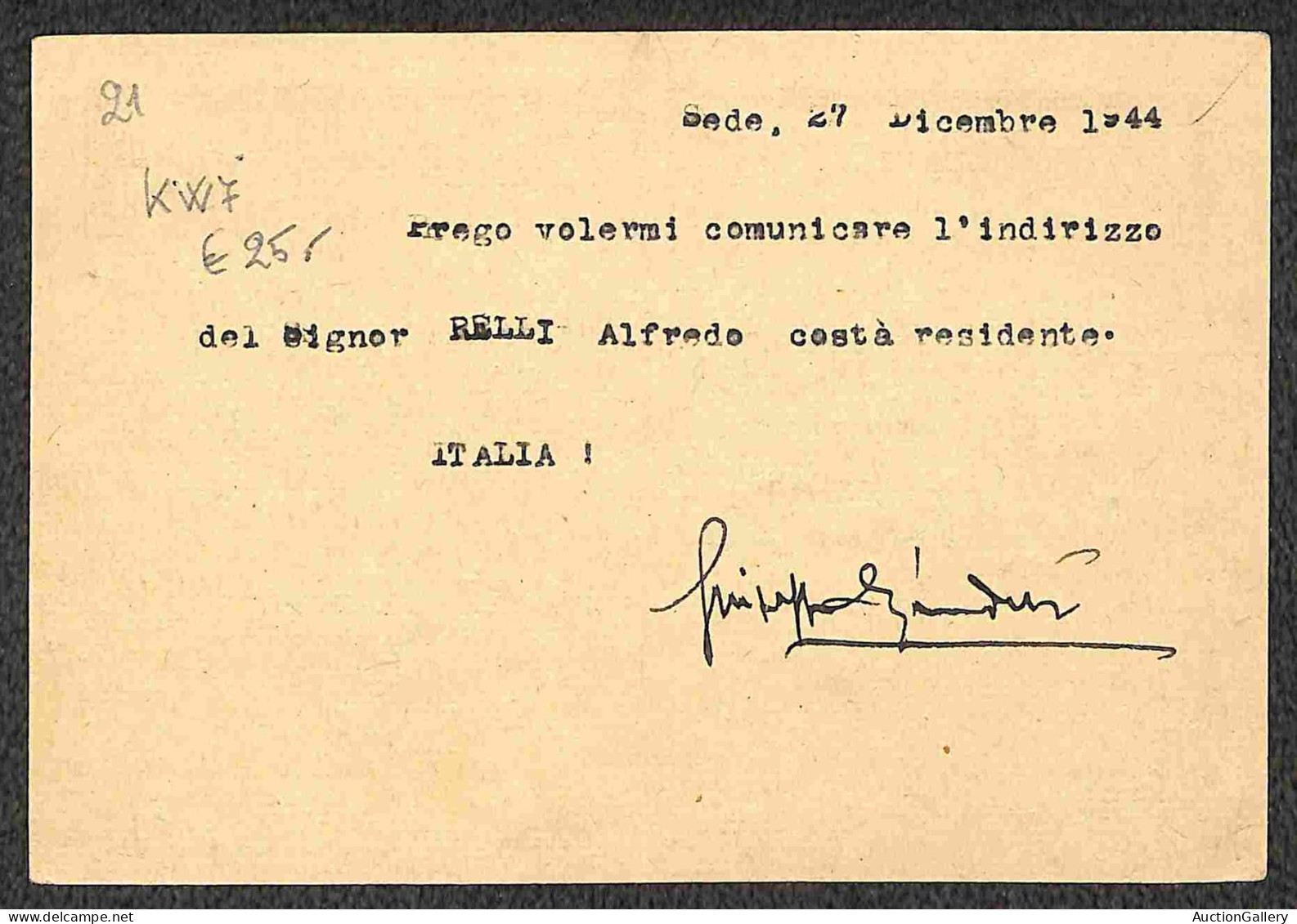 RSI - Cartoline - Insieme di 6 cartoline postali in franchigia da aprile a dicembre del 1944 per località italiane - mol