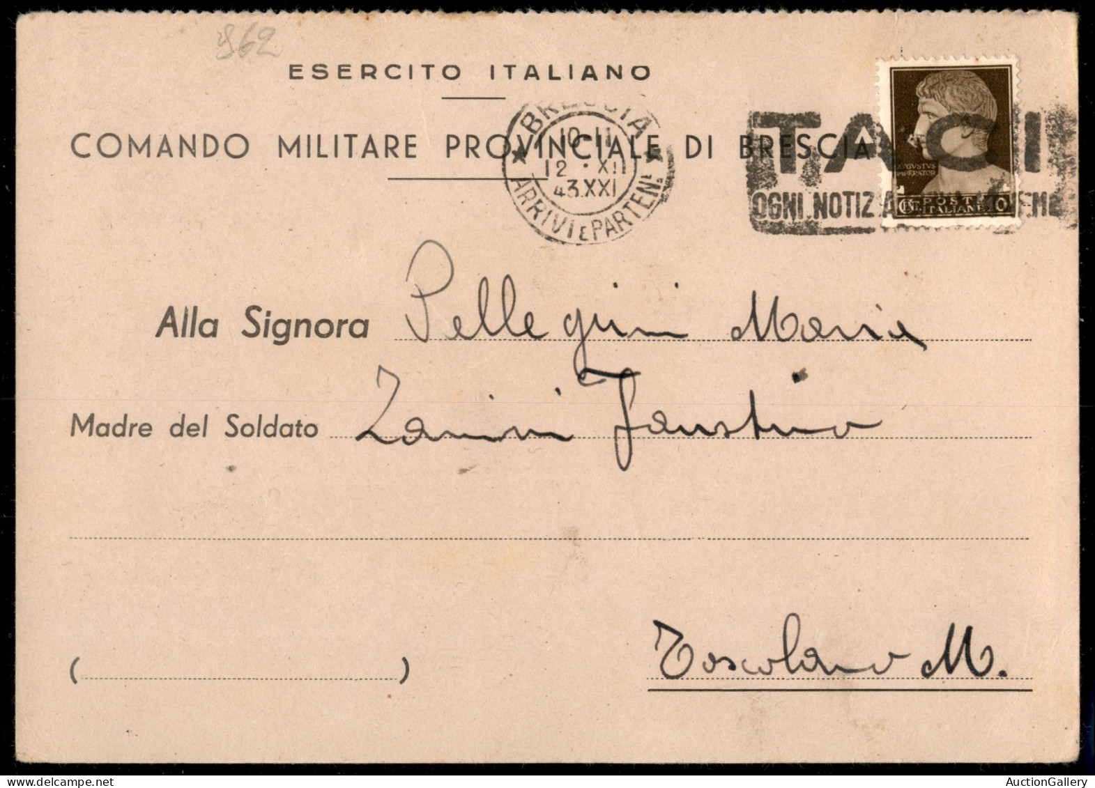 RSI - Cartoline - Cartolina Affrancata Con 10 Cent (245) Prestampata Del Comando Militare Provinciale Di Brescia Per Tos - Andere & Zonder Classificatie