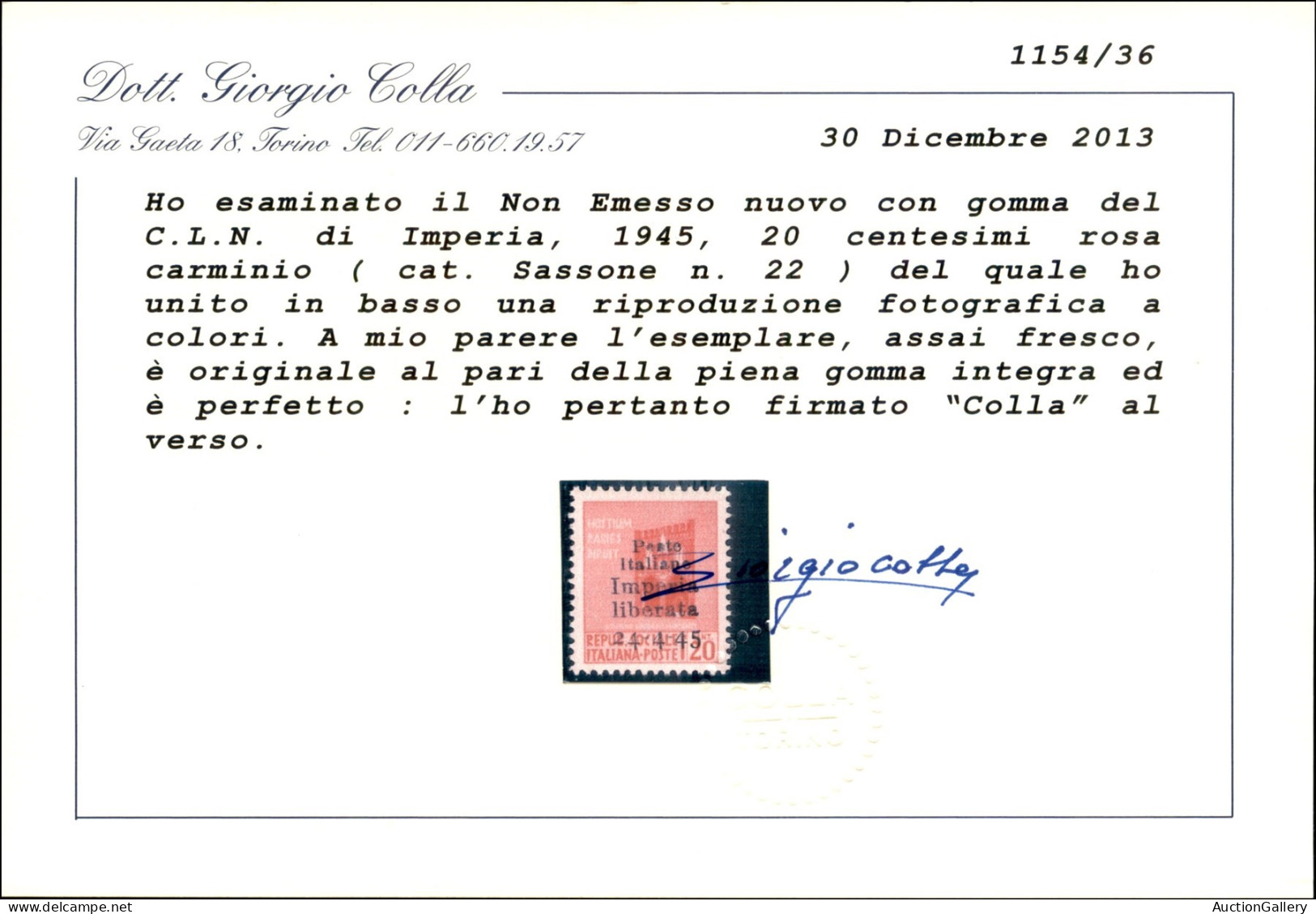 C.L.N. - Imperia - 1945 - Non Emesso - 20 Cent (22 Varietà) Con Soprastampa In Basso - Gomma Integra - Non Catalogato - Autres & Non Classés