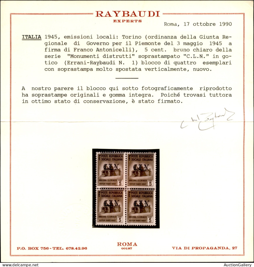 C.L.N. - Torino - 1945 - 5 Cent (Unificato 1 - Errani 1 Varietà B/non Catalogata) - Quartina Con Soprastampa Spostata In - Autres & Non Classés