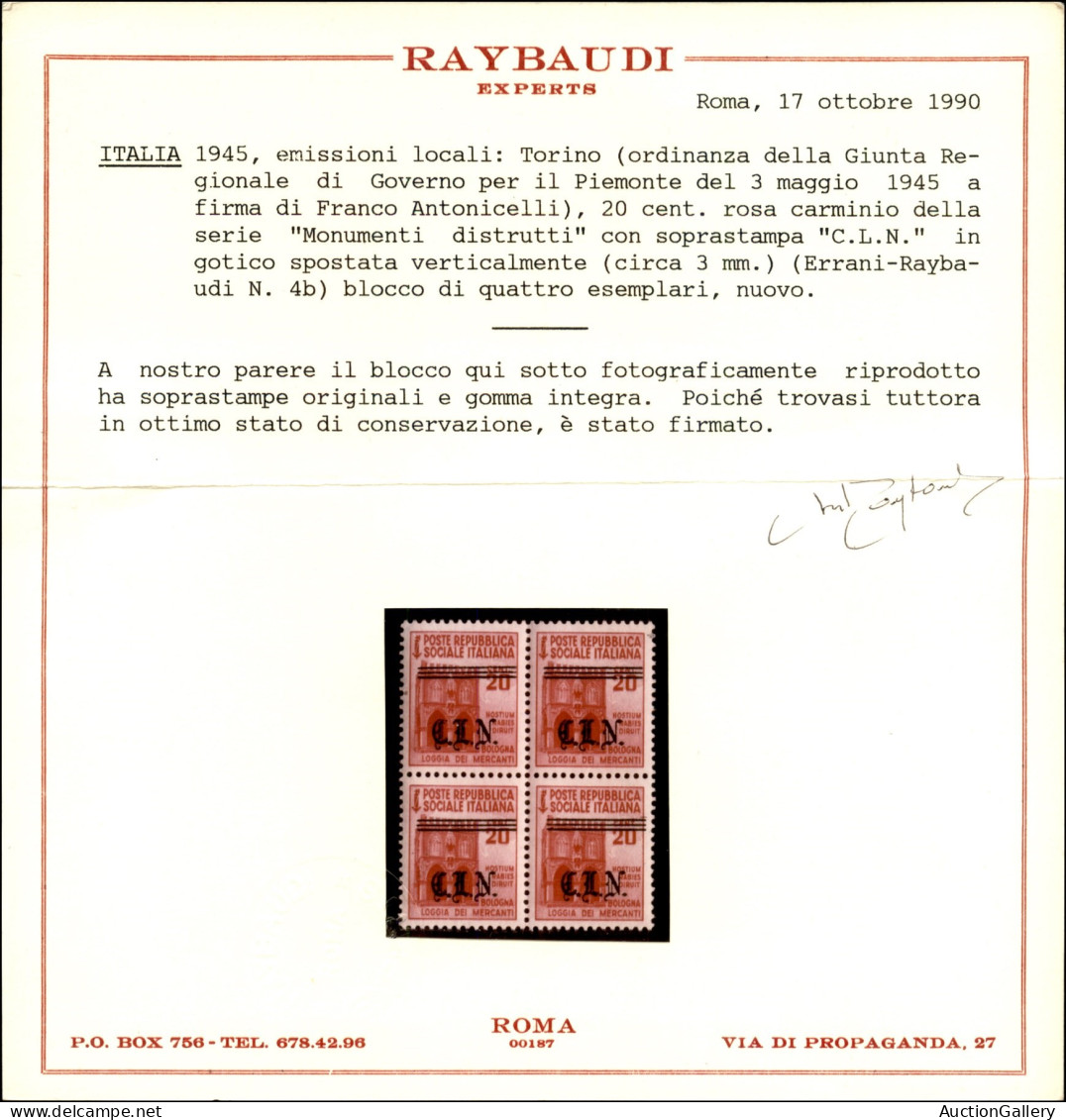 C.L.N. - Torino - 1945 - 20 Cent (Unificato 4 - Errani 4b) In Quartina Con Soprastampa Spostata In Basso - Gomma Integra - Altri & Non Classificati