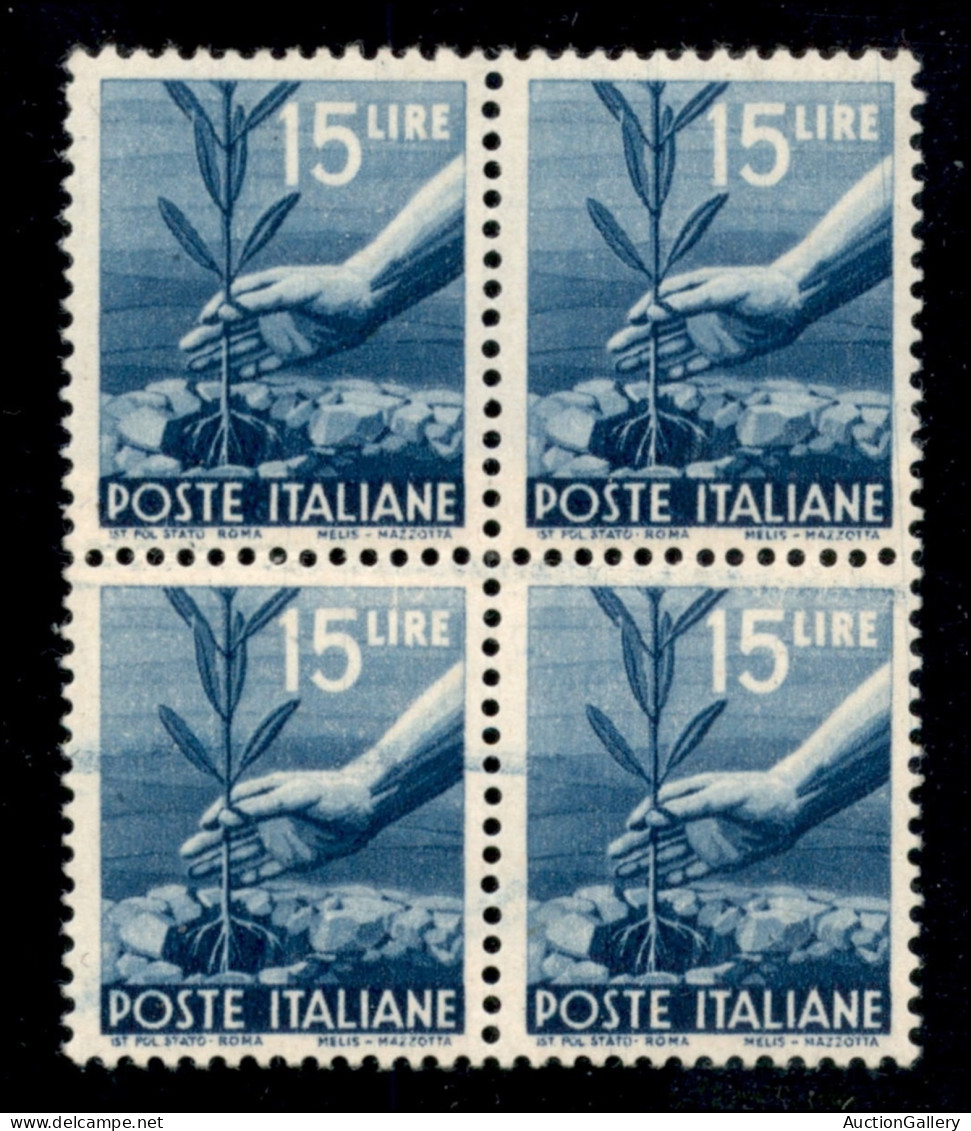 Repubblica - Posta Ordinaria - 1946 - 15 Cent (560t) - Blocco Di Quattro Su Carta Ricongiunta - Gomma Integra - Cert. Di - Altri & Non Classificati