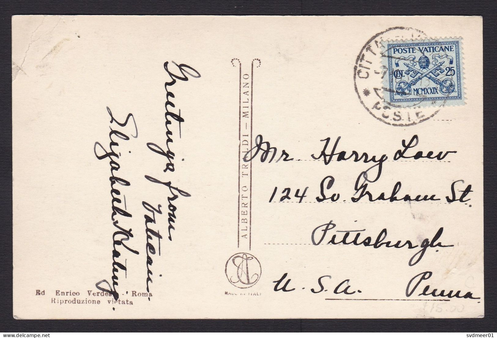 Vatican: Picture Postcard To USA, 1931?, 1 Stamp, Heraldry, Card: Architecture, Religion (minor Creases) - Briefe U. Dokumente