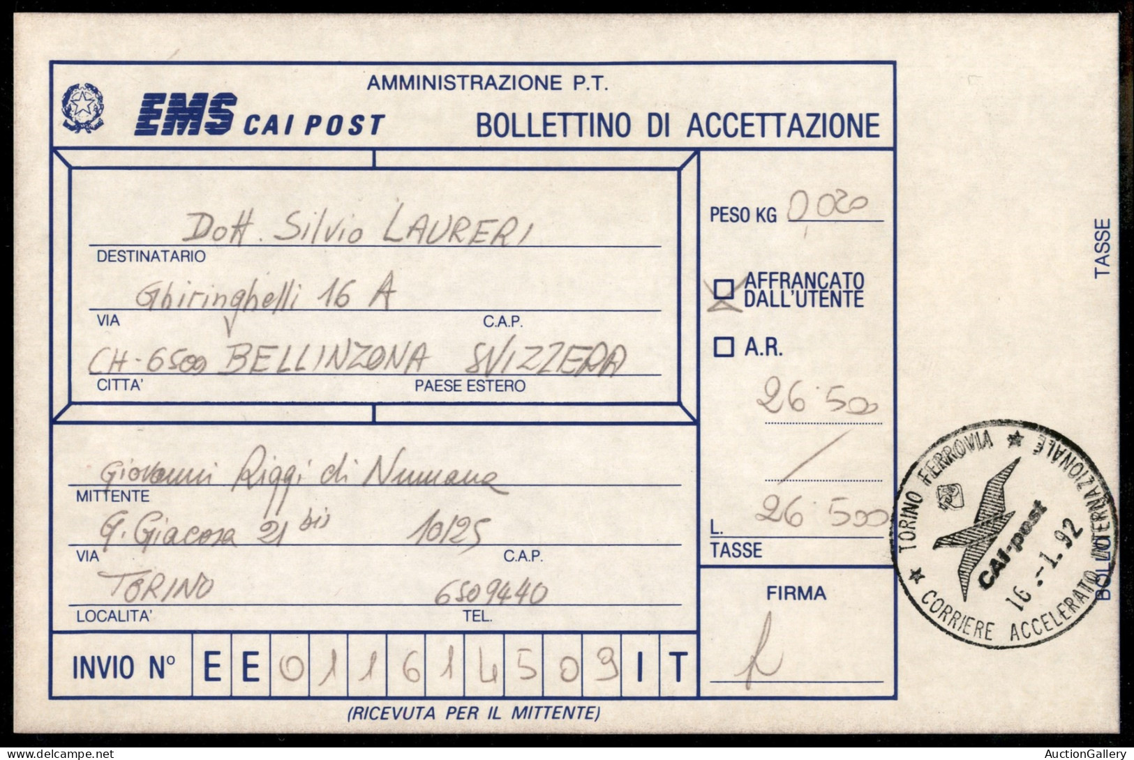 Repubblica - Posta Ordinaria - Cai Post - Busta Per La Svizzera - Da Torino Ferrovia Per Bellinzona Del 16.1.92 Affranca - Altri & Non Classificati