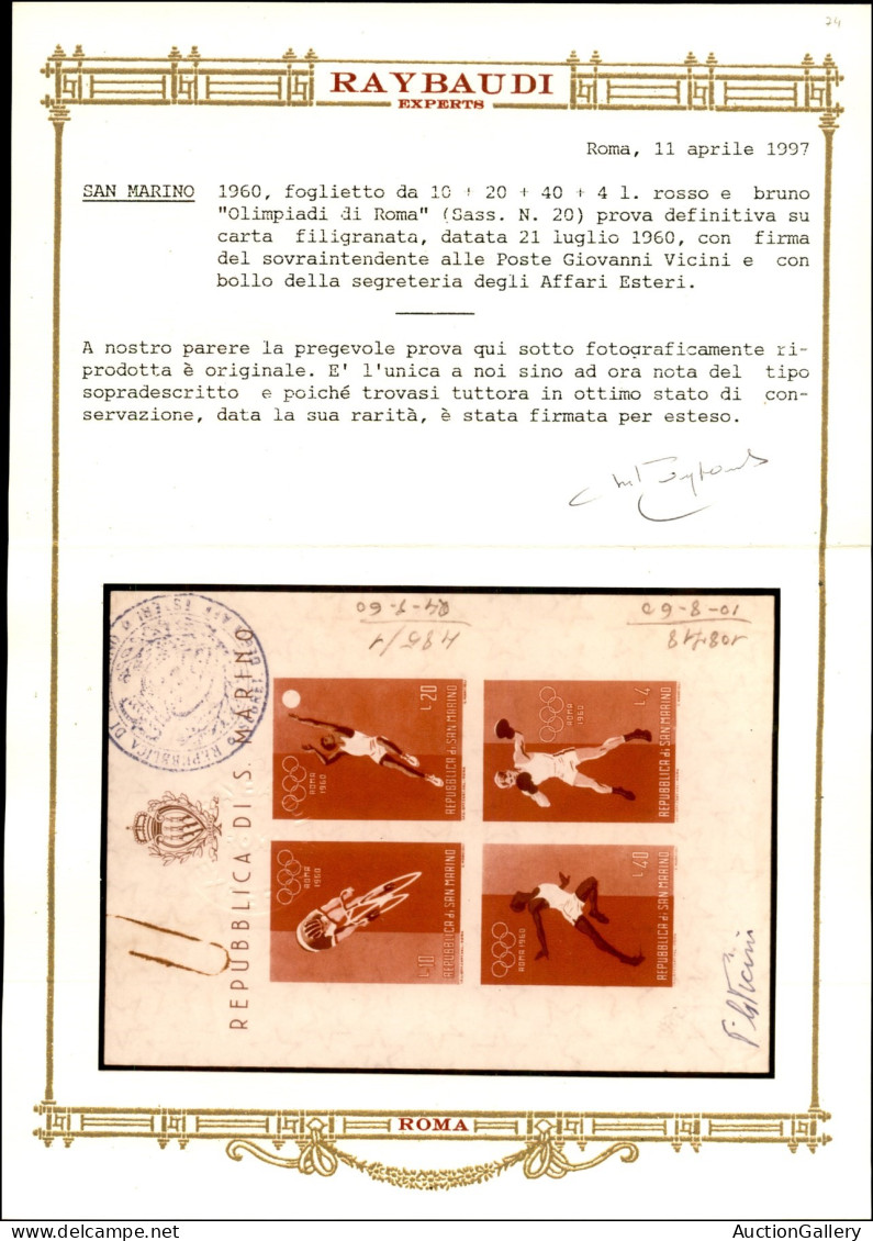 San Marino - Posta Ordinaria - 1960 - Prove D'archivio - Olimpiadi (20) - Visto Si Stampi (foglietto Autorizzato Dal Sov - Andere & Zonder Classificatie