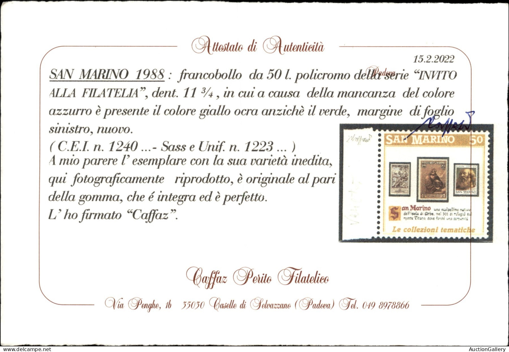 San Marino - Posta Ordinaria - 1988 - 50 Lire Invito Alla Filatelia (1223) Con Colore Giallo Ocra Anzichè Verde - Variet - Altri & Non Classificati