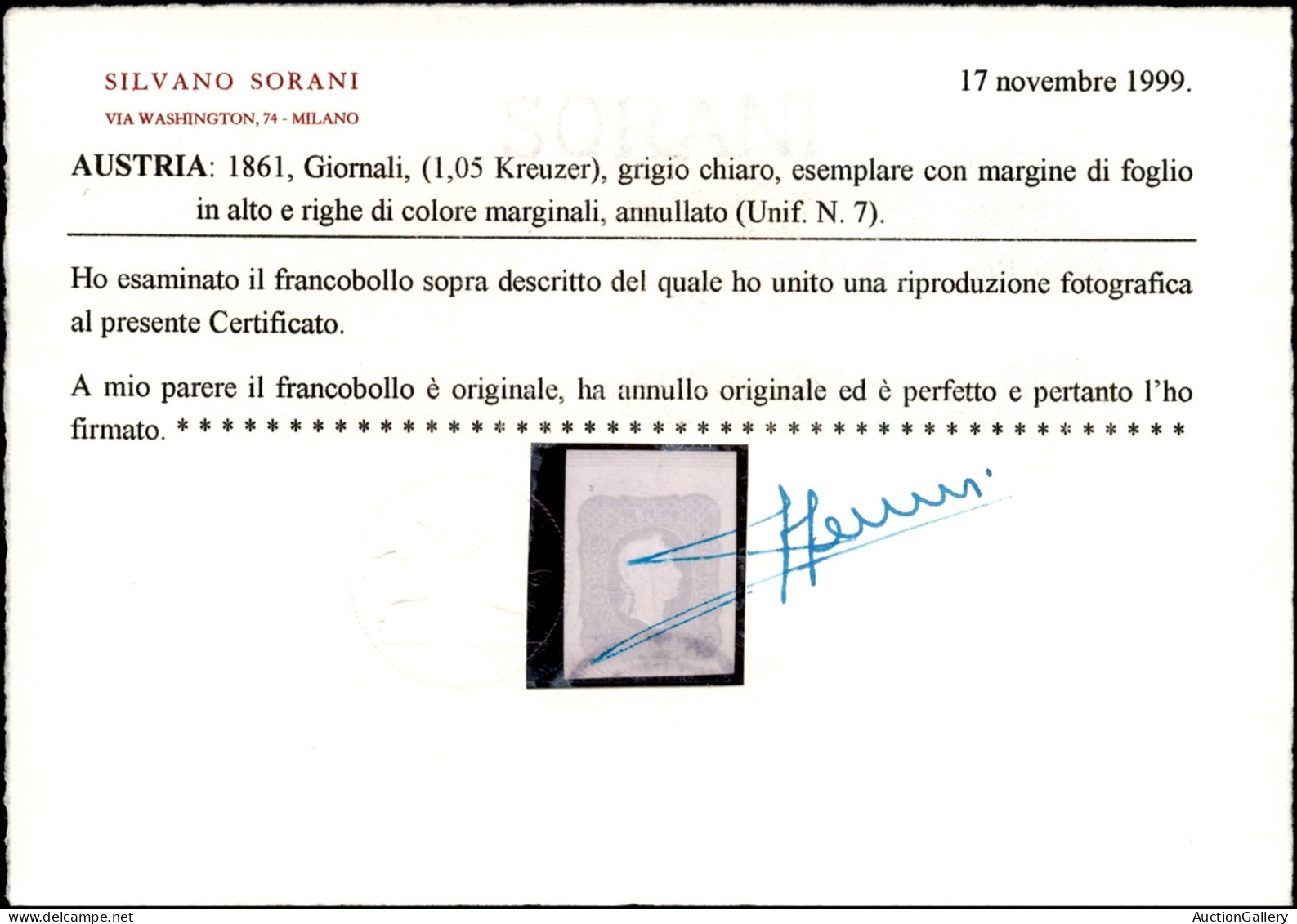 Europa - Austria - 1861 - Per Giornali - 1,05 Kreuzer (23) Usato Bordo Foglio In Alto Con Righe Marginali - Cert. Sorani - Other & Unclassified