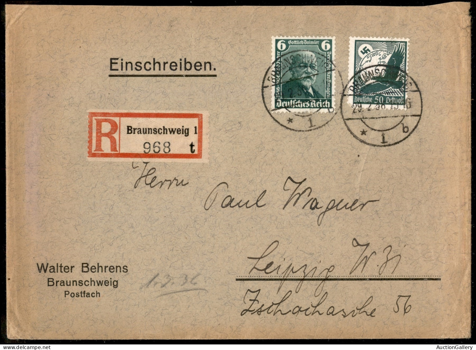 Europa - Germania - 6 Pfennig Verde (604b) + 50 Pfennig (535) - Raccomandata Da Braunsweiga Lipsia Del 29.2.38 - Andere & Zonder Classificatie