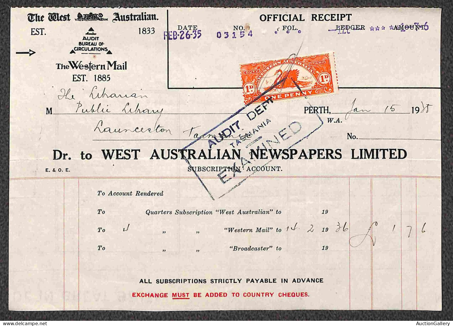 Oltremare - Australia - Tasmania - 1935/1943 - Quattro Ricevute Da Perth Per Lanceston - Altri & Non Classificati