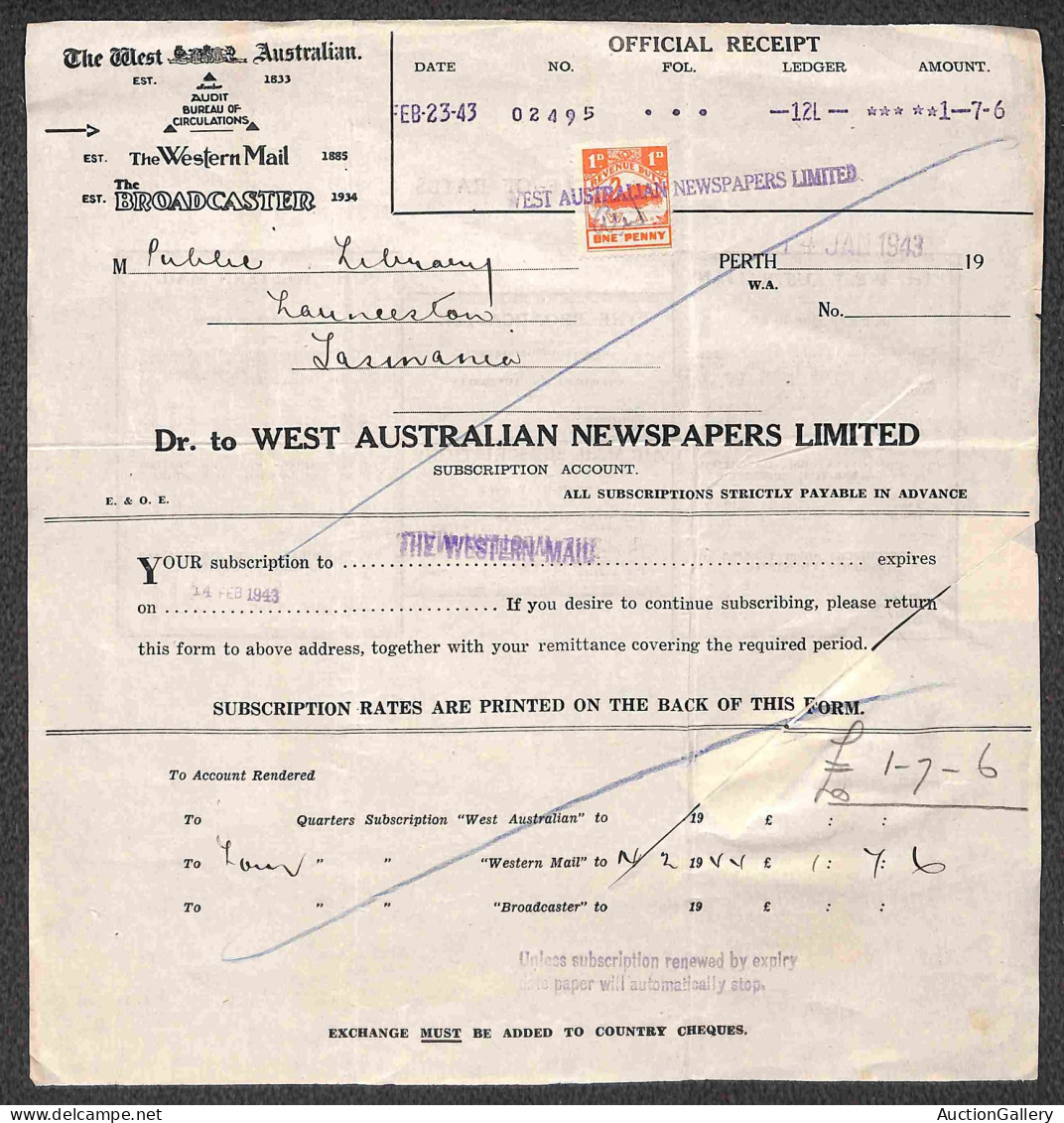 Oltremare - Australia - Tasmania - 1935/1943 - Quattro Ricevute Da Perth Per Lanceston - Otros & Sin Clasificación