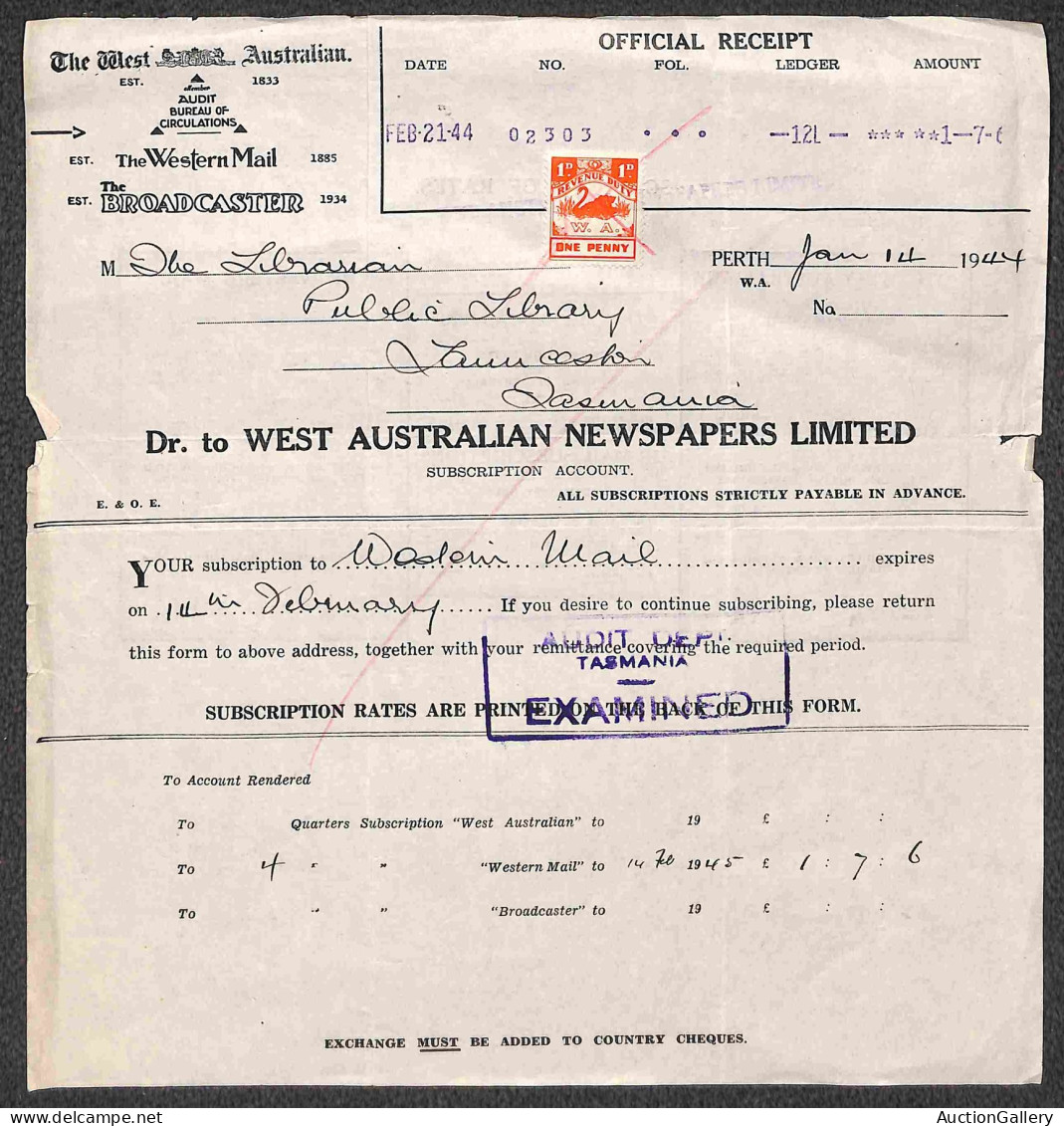 Oltremare - Australia - Tasmania - 1935/1943 - Quattro ricevute da Perth per Lanceston