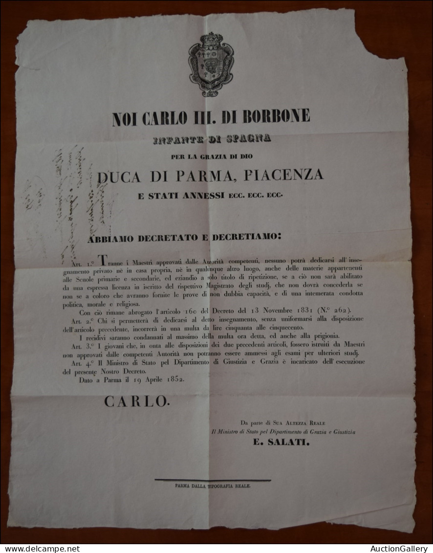 Prefilateliche&Documenti - Documenti - 1852 - Decreto Di Carlo III Per Legiferare L'insegnamento Giovanile - Parma 19.4. - Autres & Non Classés