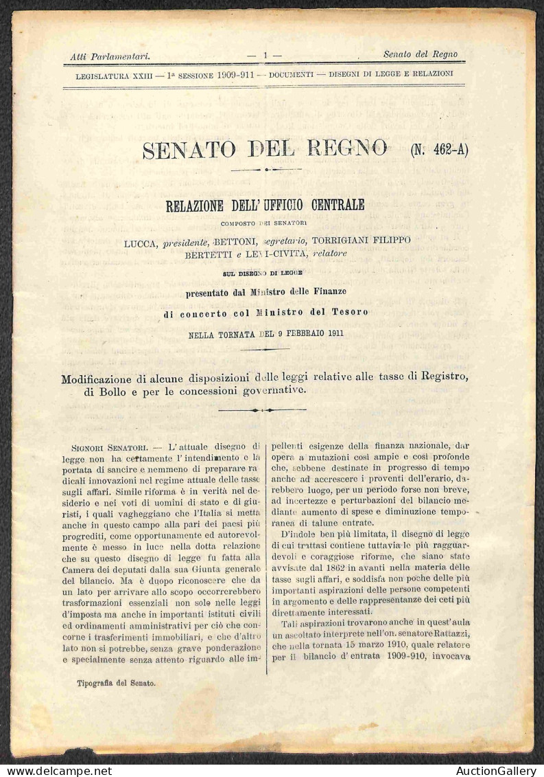 Prefilateliche&Documenti - Documenti - 1910/1911 - Senato Del Regno - Tasse Di Registro E Di Bollo - Modificazione Di Al - Autres & Non Classés