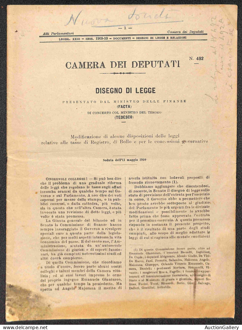 Prefilateliche&Documenti - Documenti - 1910/1911 - Senato Del Regno - Tasse Di Registro E Di Bollo - Modificazione Di Al - Altri & Non Classificati