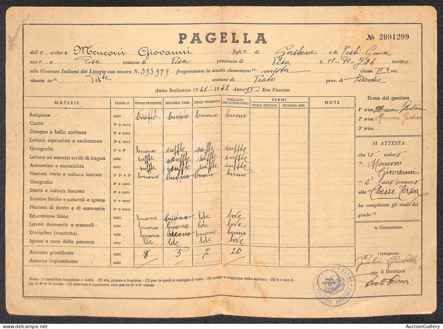 Prefilateliche&Documenti - Documenti - 1929/1941 (Anno VIII/Anno XX) - Ministero Dell'Educazione Nazionale - Nove Pagell - Otros & Sin Clasificación