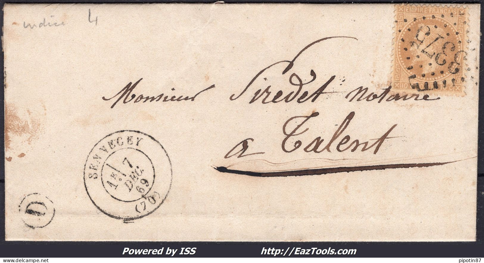 FRANCE N°28A SUR LETTRE AVEC GC 3375 SENNECEY SAONE ET LOIRE + CAD DU 07/12/1869 - 1863-1870 Napoléon III Con Laureles