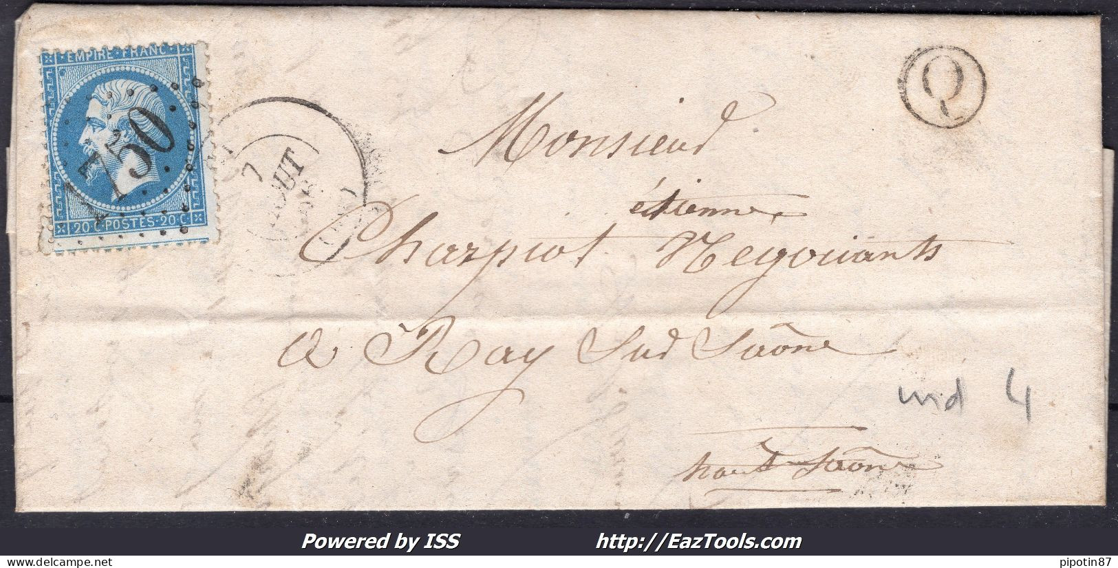 FRANCE N°22 SUR LETTRE AVEC GC 1750 GY SAONE ET LOIRE + CAD DU 07/08/1868 - 1862 Napoleone III